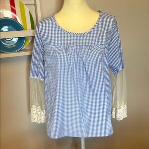 Blue Gingham Women's Top with Lace Sleeves